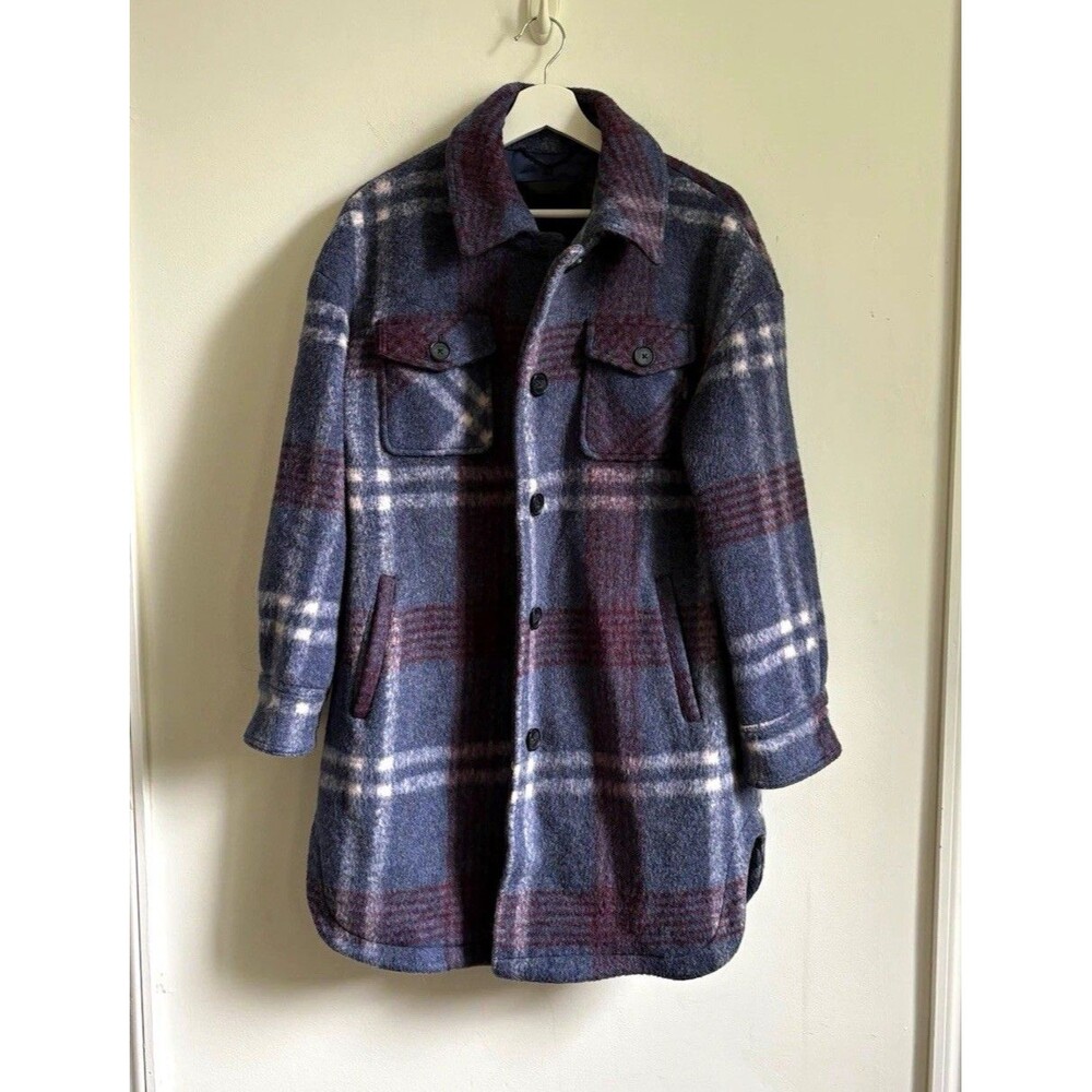 Lucky Brand Plaid Lined Shacket Jacket Button Pockets Blue purplr Sz S wool ble